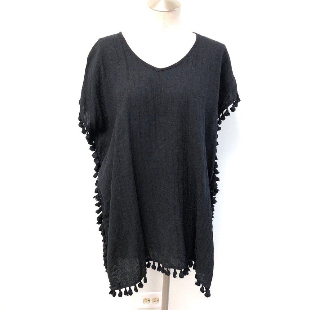 Pomander Place Swim Cover Womens XS/S‎ Black Ramie Pom-Pom Trim V-Neck Y18712T